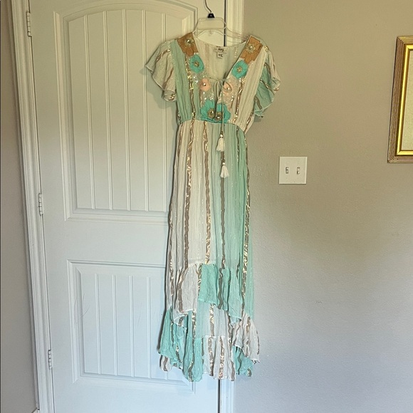 Mint and Cream Maxi Dress with Floral Embroidery - Picture 1 of 3
